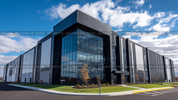 Modern data center office building features a striking glass facade and design. Современное офисное здание центра обработки данных имеет потрясающий стеклянный фасад и дизайн. Стоковое AI-изображение, AI-художник Katsiaryna Repich / Фотобанк Лори