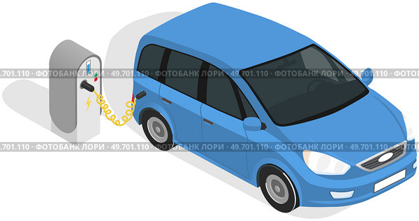 Modern electric smart car charging, automobile parking at charger station with plug in cable. Electrified future transportation e-motion. Environmentally friendly transport using renewable energy. Modern electric smart car charging, automobile parking at charger station with plug in cable. Стоковая иллюстрация, агентство Ingram Publishing / Фотобанк Лори