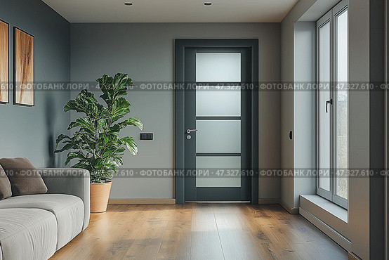 Modern entryway with sleek design and natural lighting in a home. Современная прихожая со стильной серой дверью, деревянным полом и большими окнами, освещающими пространство естественным светом. Минималистичный декор подчеркивает современную эстетику. Стоковое AI-изображение, AI-художник Katsiaryna Repich / Фотобанк Лори