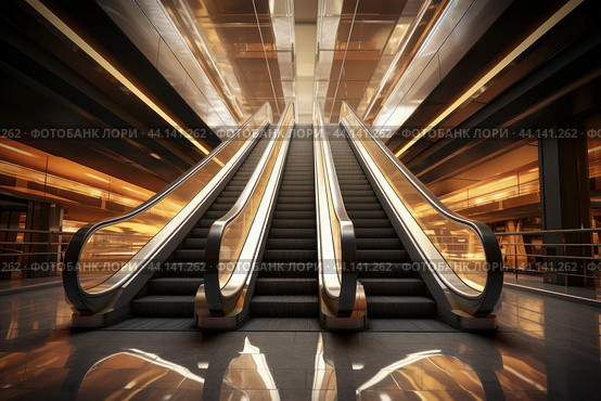 Modern escalators in a contemporary office lobby. Стоковое AI-изображение, AI-художник Иван Рябоконь / Фотобанк Лори