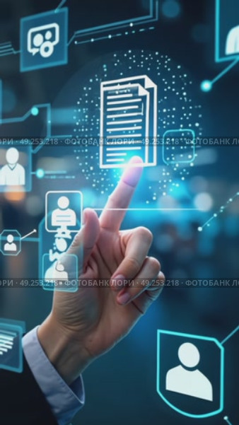 Modern futuristic hi-tech business financial interface. A hand with an index finger pointing at a document icon on a digital interface with blue and white elements. Стоковое AI-видео, аниматор Sergey Grishin / Фотобанк Лори