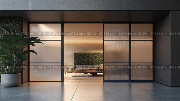 Modern glass door with frosted panels leading to a cozy indoor space. Современная стеклянная дверь с матовыми панелями ведет в уютное внутреннее пространство. Стоковое AI-изображение, AI-художник Katsiaryna Repich / Фотобанк Лори