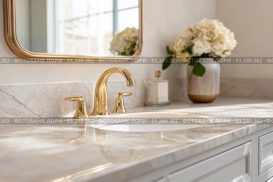Modern golden faucet and marble stone sink. Stylish white sink, faucets in a light interior. Copper brass tap. Domestic Appliances. Clean bright bathroom. Household equipment. New Contemporary style. Стоковое AI-изображение, AI-художник Марина Демидюк / Фотобанк Лори