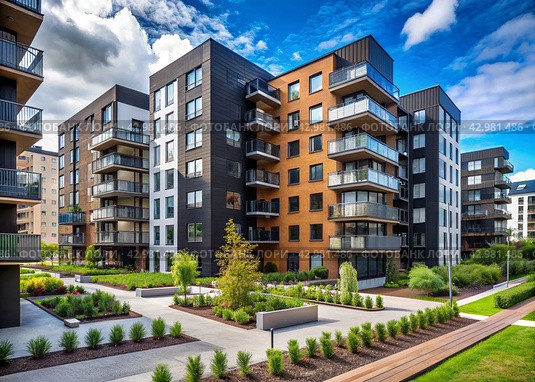 Modern high-rise residential buildings. Construction of new residential areas. New buildings. The construction business. Mortgage for new eco-friendly housing. Стоковое AI-изображение, AI-художник Photojuli / Фотобанк Лори