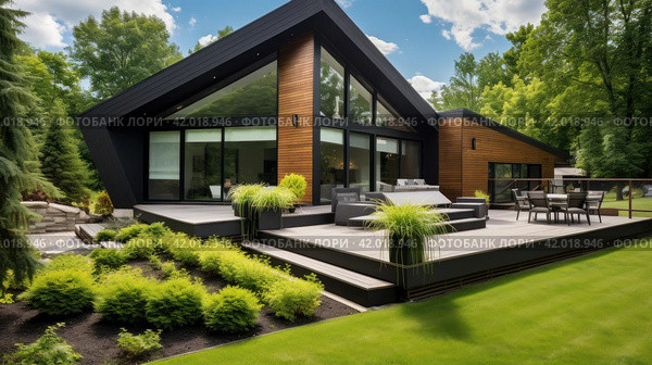 modern home with a striking angular design features a beautiful wooden deck and lush landscaping. Стоковое AI-изображение, AI-художник Юлия Гапеенко / Фотобанк Лори
