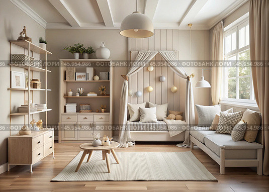 Modern interior design of a children's room with a crib, furniture, toys and personal accessories for a poster. Home decor. Pattern. Стоковое AI-изображение, AI-художник Photojuli / Фотобанк Лори