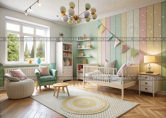Modern interior design of a children's room with a crib, furniture, toys and personal accessories for a poster. Home decor. Pattern. Стоковое AI-изображение, AI-художник Photojuli / Фотобанк Лори