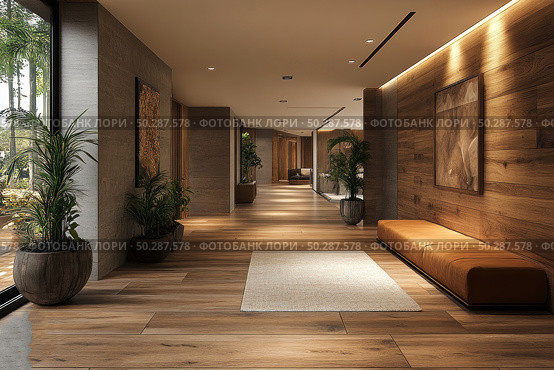 Modern interior of a spacious hall with a warm atmosphere and elements of minimalism. The room is dominated by natural wood - the floor, walls and furniture are decorated in soft wood tones. The walls are decorated with paintings in a neutral range, and live green plants in pots add coziness and freshness. A soft bench of muted terracotta color and a carpet create a comfortable waiting area. The space is illuminated by spotlights and diffused daylight from panoramic windows. Ideal for designing a website of architecture, interior design, hotels or office spaces. Стоковое AI-изображение, AI-художник Анна Кривицкая / Фотобанк Лори