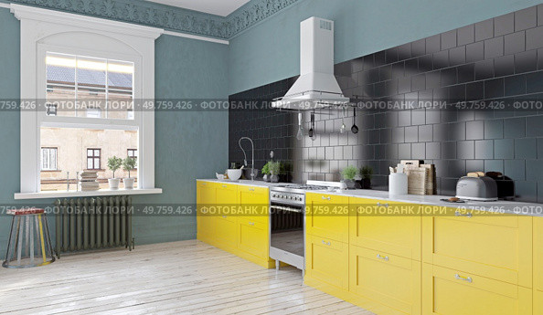 Modern kitchen with yellow cabinets and black backsplash.3D rendering. Modern kitchen with yellow cabinets and black backsplash. Стоковое фото, агентство Ingram Publishing / Фотобанк Лори