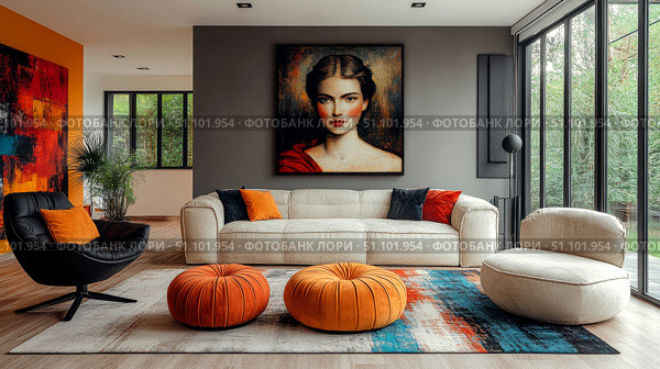 Modern living room with antique portrait and vibrant decor elements. Стоковое AI-изображение, AI-художник Сергей Бирюков / Фотобанк Лори