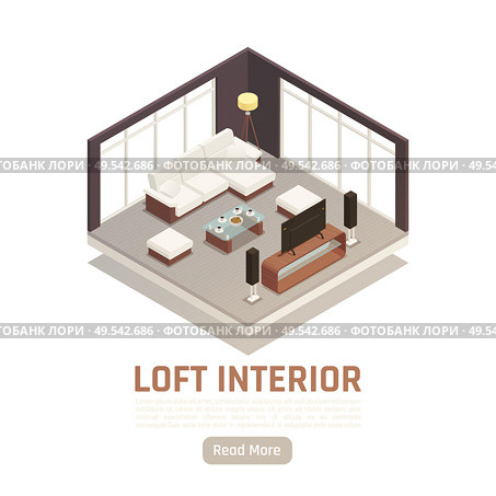 Modern loft home tv movie center interior with glass window walls sofa banquettes isometric view vector illustration. Стоковая иллюстрация, агентство Ingram Publishing / Фотобанк Лори