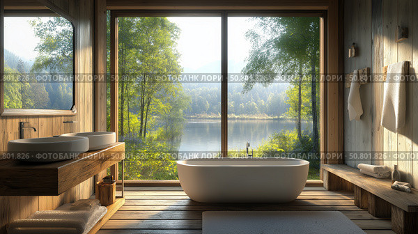 Modern luxury bathroom with picture window overlooking a tranquil lake and lush forest. Стоковое AI-изображение, AI-художник Михаил Коханчиков / Фотобанк Лори