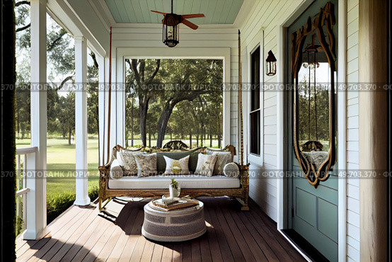Modern luxury porch, terrace in garden with comfy sofa bed. Modern luxury porch. Стоковое фото, агентство Ingram Publishing / Фотобанк Лори