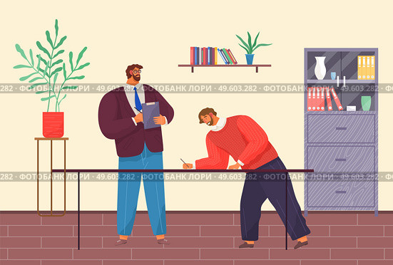 Modern office, cabinet, signing agreement. Bearded man in glasses, formal suit stands with clipboard and pen. Young man in sweater leaned over table and signs document. Desktop, business meeting. Business partners sign contract. Man with clipboard, young male with pen leaned over table. Стоковая иллюстрация, агентство Ingram Publishing / Фотобанк Лори