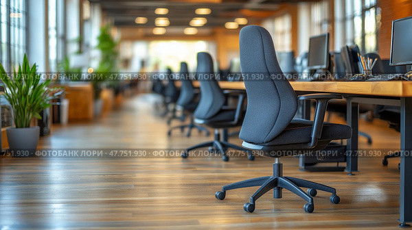 Modern office interior with ergonomic chairs and ample natural light. Современный интерьер офиса с эргономичными креслами и достаточным количеством естественного света. Стоковое AI-изображение, AI-художник Katsiaryna Repich / Фотобанк Лори