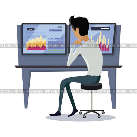 Modern Online Trading Technology Illustration.. Modern online trading on stock exchange concept. Flat style design Monitoring of value indexes. Online trading technology. Brokerage trading on the web vector. Flat style design. Businessman at work. Стоковая иллюстрация, агентство Ingram Publishing / Фотобанк Лори
