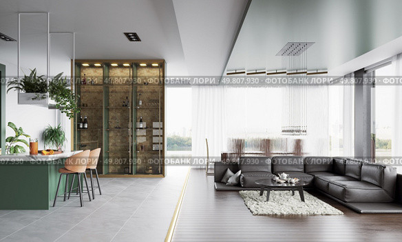 Modern open-concept living space with a green kitchen island, black leather sofa, and glass partitions. 3d render. Modern open-concept living space with a green kitchen island, Стоковое фото, агентство Ingram Publishing / Фотобанк Лори