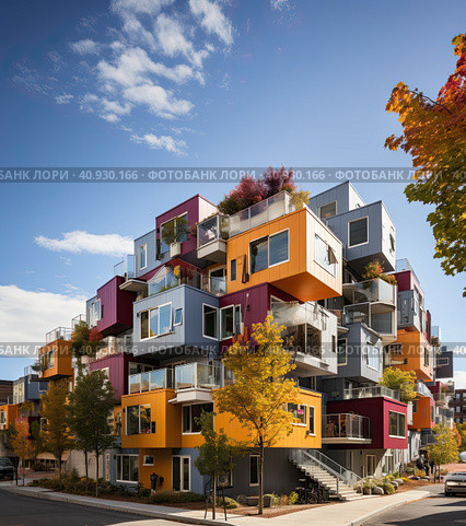 Modern residential building in multicolored colors. Generated by AI. Стоковое AI-изображение, AI-художник Ярославский Максим / Фотобанк Лори