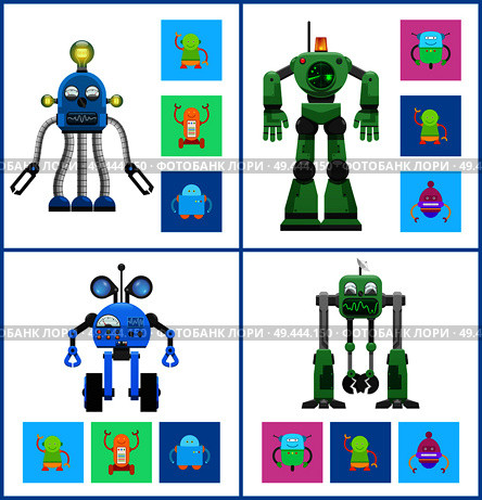 Modern robots with light indicators and detectors panel. Powerful wireless robots with lot of functions isolated cartoon vector illustrations set.. Robots with Light Indicators and Detectors Panel. Стоковая иллюстрация, агентство Ingram Publishing / Фотобанк Лори