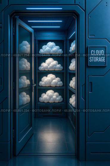 Modern server room with cloud symbols on racks, concept of cloud storage, data security, technology rental, innovative computing, digital information. Стоковое AI-изображение, AI-художник Павел Муравьев / Фотобанк Лори