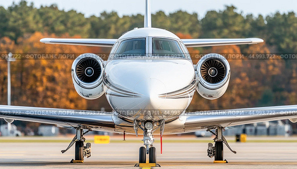 Modern silver private jet airplane parked at the airport. Стоковое AI-изображение, AI-художник Юрий Поздников / Фотобанк Лори