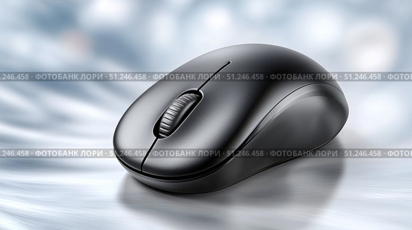 Modern sleek black computer mouse on a reflective surface. Стоковое AI-изображение, AI-художник Katsiaryna Repich / Фотобанк Лори