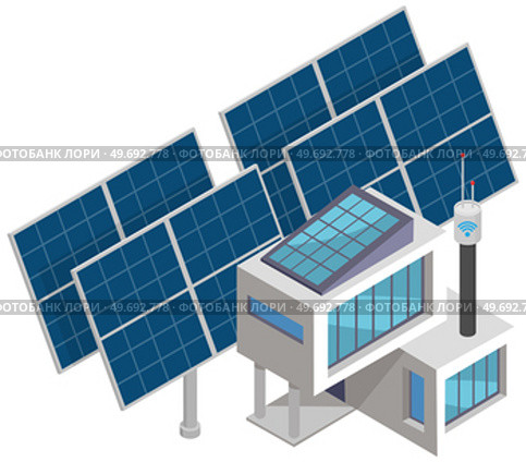 Modern smart electrical solar power plant technology isolated. Digital related asset. Power plant battery energy storage with photovoltaic solar panels and rechargeable li-ion electricity backup. Power plant energy storage with photovoltaic solar panels and rechargeable li-ion electricity backup. Стоковая иллюстрация, агентство Ingram Publishing / Фотобанк Лори