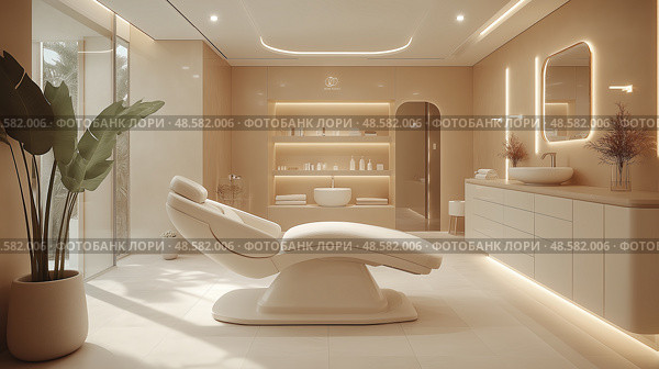 Modern spa interior with calming colors and minimalist design. Современный интерьер спа-салона с успокаивающими цветами и минималистичным дизайном. Стоковое AI-изображение, AI-художник Katsiaryna Repich / Фотобанк Лори
