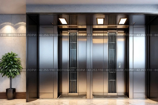 Modern steel elevator cabin in house or multi-apartment skyscraper. Background of interior floor of elevator platform with elevators and sunlight in business center. Copy space for site. Стоковое AI-изображение, AI-художник Aleksandr Golubev / Фотобанк Лори