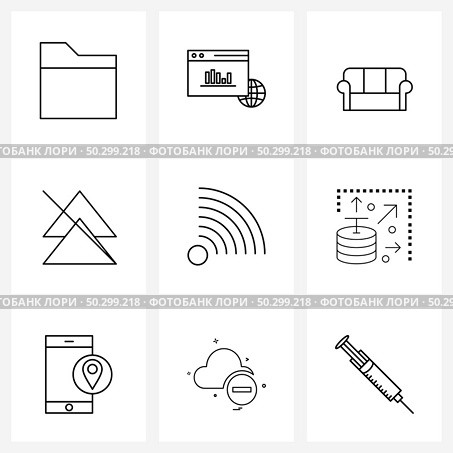 Modern Style Set of 9 line Pictograph Grid based news, blog, lounge, article, direction Vector Illustration. Стоковая иллюстрация, агентство Ingram Publishing / Фотобанк Лори