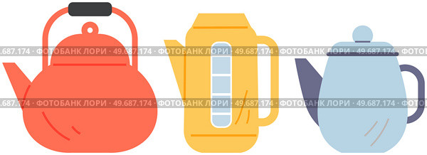 Modern teapots for boiling water for tea or coffee. Kitchen, household electrical appliances. Set of different kettles for heating water. Kitchenware, kitchen equipment, teapot vector illustration. Modern teapots for boiling water for tea or coffee. Kitchenware, household electrical appliances. Стоковая иллюстрация, агентство Ingram Publishing / Фотобанк Лори