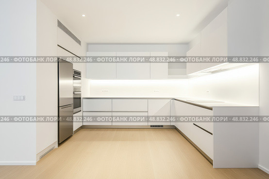 Modern trendy kitchen design with white cabinets. Subway tile backsplash, marble countertop. No brands or labels. Neutral contemporary design. Simply furniture with utensils, crockery, refrigerator. Стоковое AI-изображение, AI-художник Марина Демидюк / Фотобанк Лори
