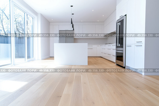 Modern trendy kitchen design with white cabinets. Subway tile backsplash, marble countertop. No brands or labels. Neutral contemporary design. Simply furniture with utensils, crockery, refrigerator. Стоковое AI-изображение, AI-художник Марина Демидюк / Фотобанк Лори