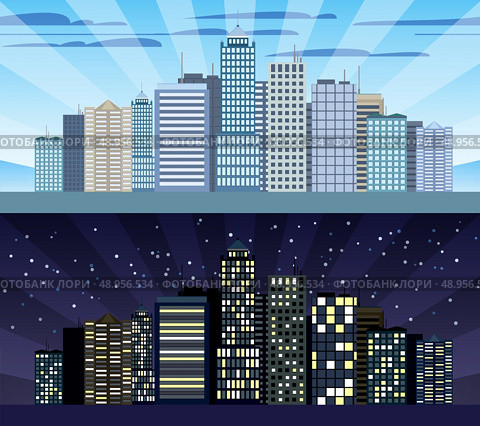 Modern urban building cityscape skyline day and night tileable borders set isolated vector illustration. Стоковая иллюстрация, агентство Ingram Publishing / Фотобанк Лори