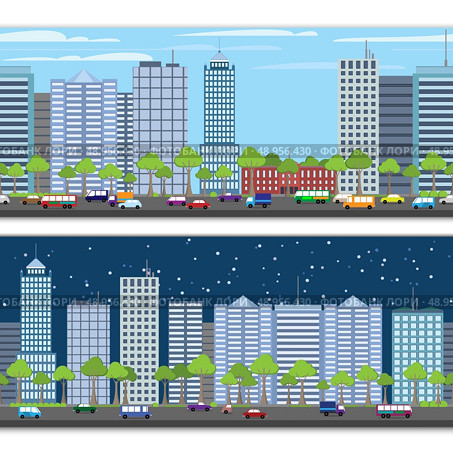 Modern urban building on street cityscape skyline tileable borders set isolated vector illustration. Стоковая иллюстрация, агентство Ingram Publishing / Фотобанк Лори