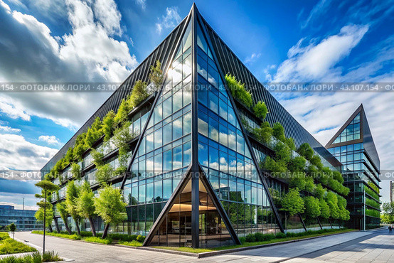 Modern urban ecology. Reducing carbon dioxide emissions in the city. An environmentally friendly stylish building with planted green plants to normalize the oxygen content in the air. Стоковое AI-изображение, AI-художник Photojuli / Фотобанк Лори