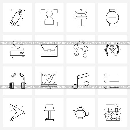 Modern Vector Line Illustration of 16 Simple Line Icons of download, user interface, map, ui, watch Vector Illustration. Стоковая иллюстрация, агентство Ingram Publishing / Фотобанк Лори