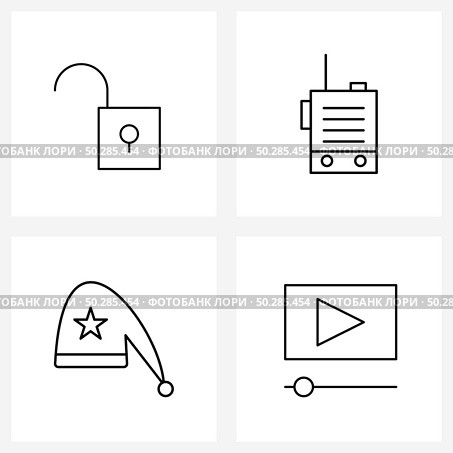 Modern Vector Line Illustration of 4 Simple Line Icons of protect, Santa clause, camping, radio set, player Vector Illustration. Стоковая иллюстрация, агентство Ingram Publishing / Фотобанк Лори