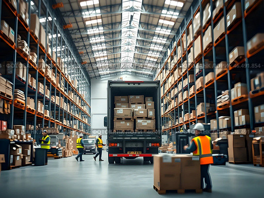 Modern warehouse interior with a loaded truck at its center, workers in high-visibility vests and hard hats. Стоковое AI-изображение, AI-художник Iva Noel / Фотобанк Лори