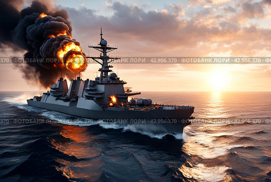 Modern warship is burning on high seas after being hit by missile at sunset background. Scenery of battle battleship on protection of water state borders. Naval forces army concept. Copy ad text space. Стоковое AI-изображение, AI-художник Aleksandr Golubev / Фотобанк Лори