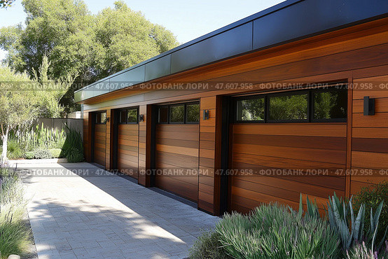Modern wooden garage with sleek design in a residential area. Современный деревянный гараж с элегантным дизайном в жилом районе. Стоковое AI-изображение, AI-художник Katsiaryna Repich / Фотобанк Лори