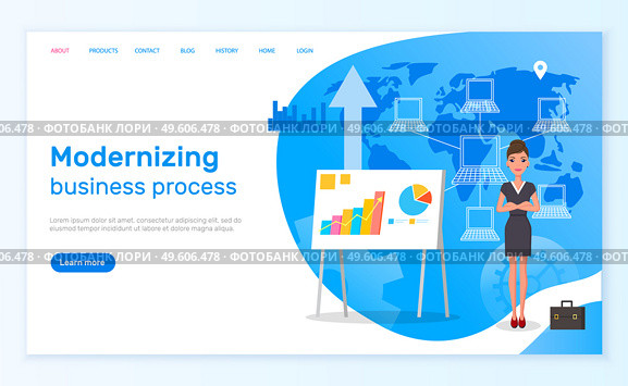 Modernizing business process vector illustration banner. Businesswoman standing near flipchart with statistical indicators. Business presentation and project management concept webpage template. Modernizing business process vector illustration banner. Project management concept webpage template. Стоковая иллюстрация, агентство Ingram Publishing / Фотобанк Лори