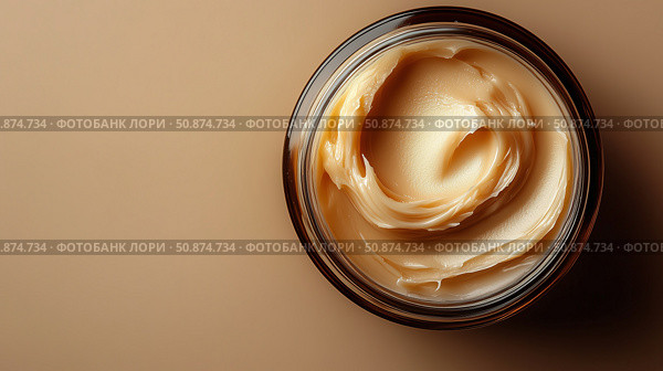Moisturizing cream in a glass jar on a smooth surface suitable for skincare. Стоковое AI-изображение, AI-художник Katsiaryna Repich / Фотобанк Лори