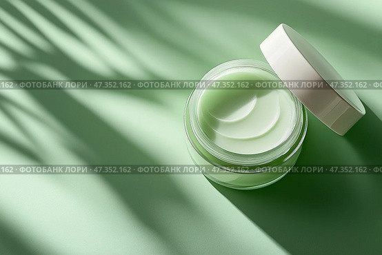 Moisturizing cream in a jar with soft texture on green background. Увлажняющий крем в баночке с мягкой текстурой на зеленом фоне. Стоковое AI-изображение, AI-художник Katsiaryna Repich / Фотобанк Лори