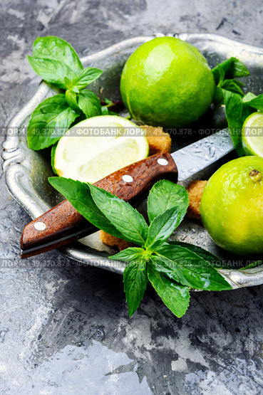 Mojito ingredients. Lime, mint and cane sugar. Fresh green mint and lime. Стоковое фото, агентство Ingram Publishing / Фотобанк Лори