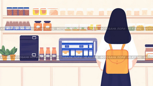 Молодая женщина делает покупки в продуктовом магазине с яркой темой хаоса для розничного дизайна. Стоковое AI-изображение, AI-художник ФотоИнтеллект / Фотобанк Лори