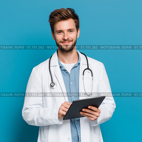 Молодой доктор держит в руках планшет и улыбается. A young doctor holds a tablet and smiles. Стоковое AI-изображение, AI-художник Смирнова Светлана / Фотобанк Лори