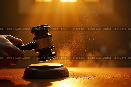 Молоток судьи, авторитетное настроение, удар по поверхности, драматическое освещение. Стоковое AI-изображение, AI-художник Елена Болотина / Фотобанк Лори