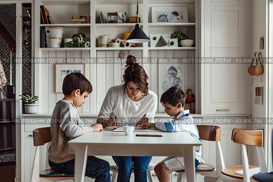 Mom and children do their homework in a bright room. Стоковое AI-изображение, AI-художник Ярославский Максим / Фотобанк Лори