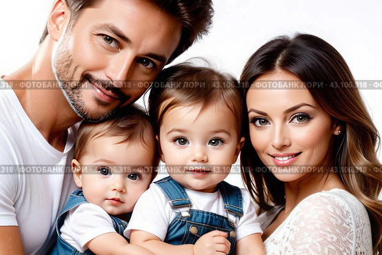 Mom and dad with two small children, close-up. Family portrait, the concept of family relations. The program of state support for families with children. Стоковое AI-изображение, AI-художник Анна Маркина / Фотобанк Лори